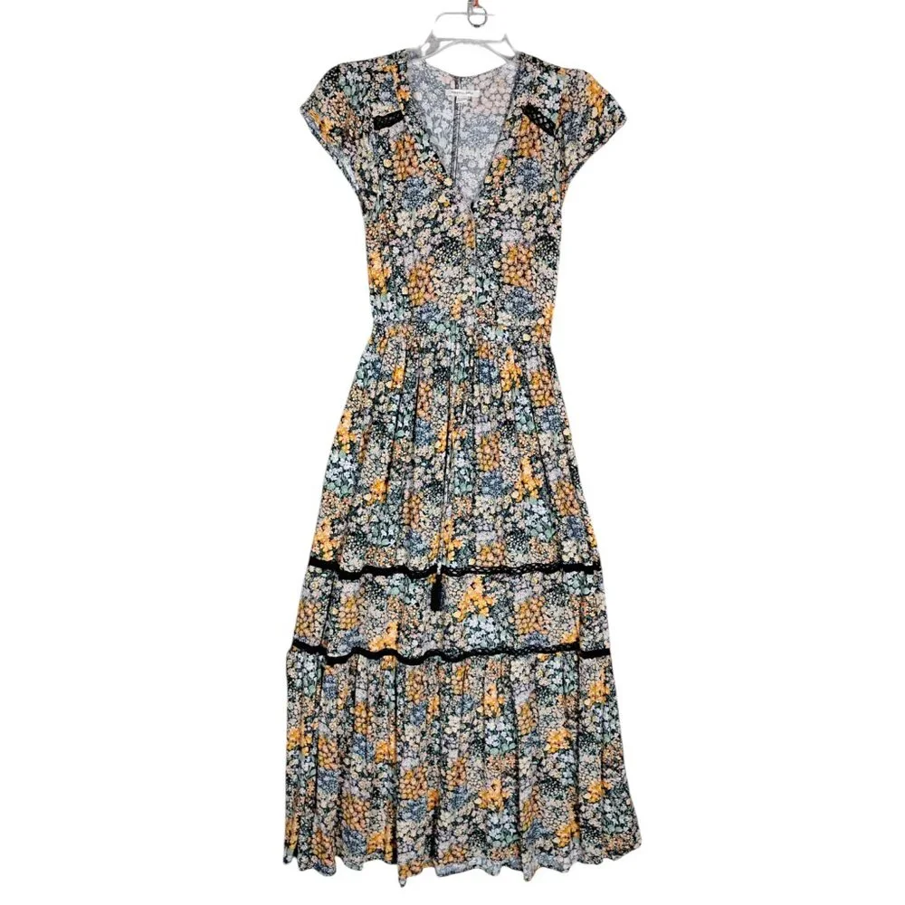 American Eagle Bohemian Dress Size XS Floral Maxi Length Short Sleeve Pullover - Picture 3 of 8